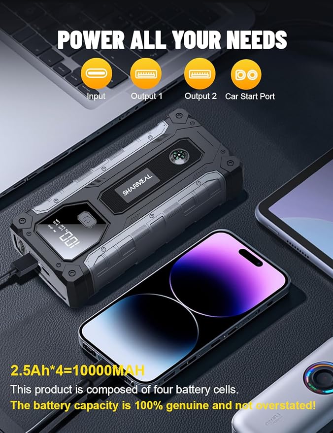 Sharmeal Car Battery Jump Starter 6000A, Jump Starter Battery Pack for All Gas and 10.0L Diesel, 12V Portable Jump Box with LED Light