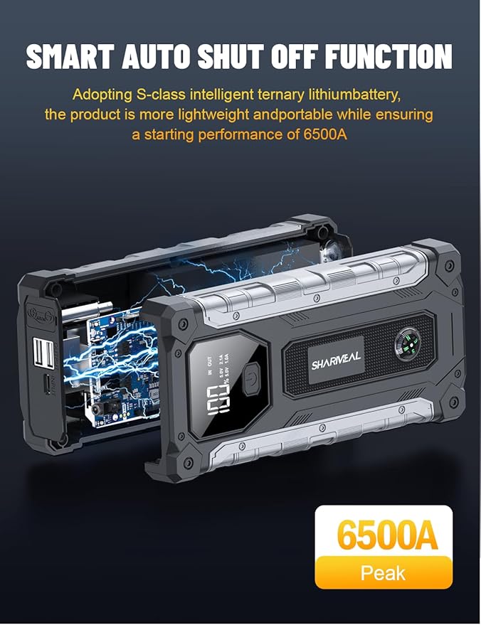 Sharmeal Car Battery Jump Starter 6500A, Jump Starter Battery Pack for All Gas and 10.0L Diesel, 12V Portable Jump Box with LED Light
