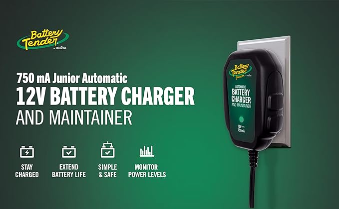 Battery Tender Junior 12V, 750mA Charger and Maintainer: Automatic 12V Powersports for Motorcycle, ATVs, and More - Smarter Than a Trickle Charger - 021-0123