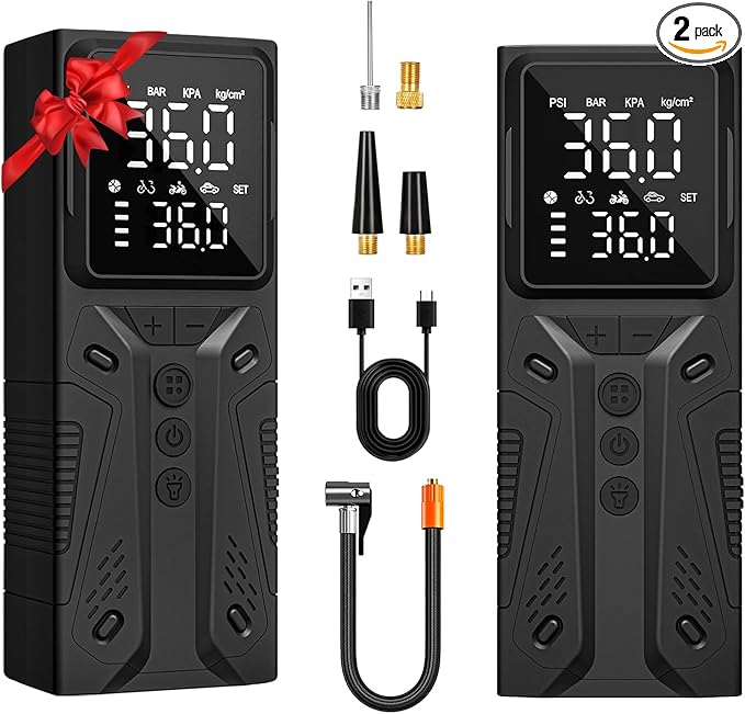 Tire Inflator Portable Air Compressor, High-Speed 150PSI Cordless Air Pump for Car Tires with Powerful Battery, Auto Shut-Off - Portable Tire Pump for Car, Bike, Motorcycle and Balls 2 (Pack)