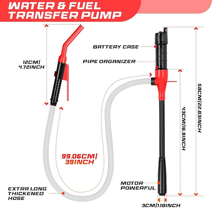 Portable Transfer Pump Battery Operated Electric Siphon Pump for Gas, Fuel, Diesel, Water Transfer 2.4 GPM Flow Oil Extractor, 47 Inches Hose-Easy to Use Hand Fuel Pump, Multi-Use Transfer Pump(Red)