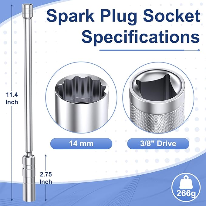14mm Spark Plug Socket, Thin Wall 3/8" Drive Spark Plug Socket Removal Tool, 12 Point x 11.4" Total Length, 360 Degree Magnetic Swivel Spark Plugs Socket for Most Car Models