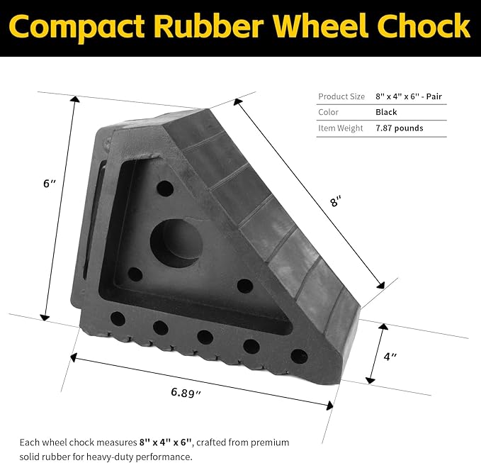 MaxxHaul Solid Rubber Wheel Chock 2-Pack | 8" x 4" x 6" Heavy-Duty Tire Stop | Non-Slip Traction Pads | Built-in Handle | All-Weather Vehicle Safety Block | Black | (70472)