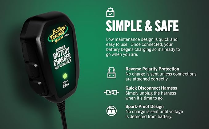 Battery Tender Junior 12V, 750mA Charger and Maintainer: Automatic 12V Powersports for Motorcycle, ATVs, and More - Smarter Than a Trickle Charger - 021-0123