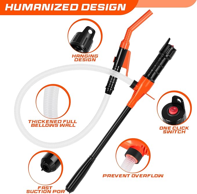 Electric Fuel Transfer Pump, 2.4 GPM Portable Fluid Transfer Siphon Pump with Oil Pipeline, Battery Gas Pumps with 47 Inches Hose &Gloves for Car/RV(Orange)