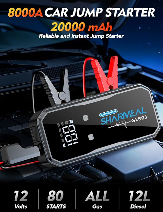 Sharmeal 21-in-1 8000A Jump Starter, 20000mAh Car Booster Pack with PD 35W Super Fast Charging, 12V Jump Starter Battery Pack for All Gas and 12.0L Diesel, Portable Jump Box with LED Light