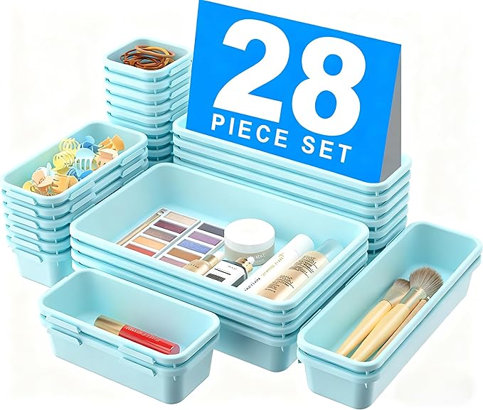 A-LuGei 【Military Grade】 Drawer Organizer, 【𝟱𝗦𝗶𝘇𝗲】 Makeup organizer, 【Holds 177 Items】 Bathroom Organizers and Storage, Organization and Storage, Desk Drawer Organizer for Vanity (Blue)