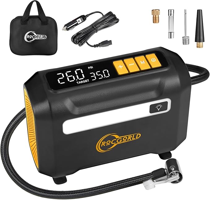 ROCGORLD R8 Tire Inflator Portable Air Compressor, DC 12V Portable Air Compressor with Large Dual Digital Screen, 3X Faster Inflation Portable Air Pump for Car Tires, Bike, Motor - Car Accessories