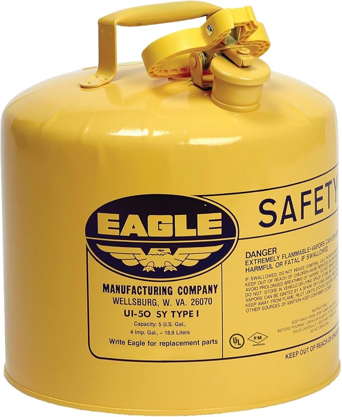 Eagle 5 Gallon Type I Yellow Safety Gas Can for Diesel with Flame Arrester and Self-Closing Lid, Made in the USA, Galvanized Steel Flammable Storage Can, UI50SY