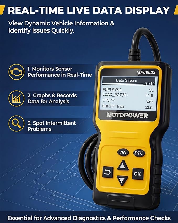 MOTOPOWER MP69033 Car OBD2 Scanner Code Reader Engine Fault Scanner CAN Diagnostic Scan Tool for All OBD II Protocol Cars Since 1996, Yellow