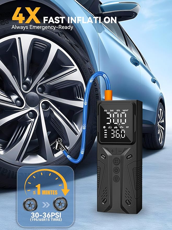 Tire Inflator Portable Air Compressor, High-Speed 150PSI Cordless Air Pump for Car Tires with Powerful Battery, Auto Shut-Off - Portable Tire Pump for Car, Bike, Motorcycle and Balls