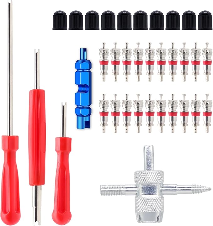 ZHSMS Valve Stem Removal Tool - 20Pcs Valve Cores, 10Pcs Tire Valve Caps, 4-Way Valve Tool, Valve Core Remover Tool