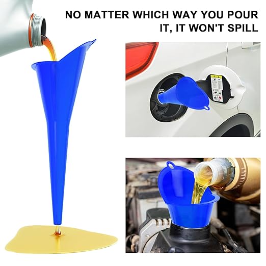 Long-Neck Oil Funnel for Automotive – Multi-Function Plastic Funnel for Oil, Gas & Lubricants – Universal Car Accessory (Blue (2-Pack))