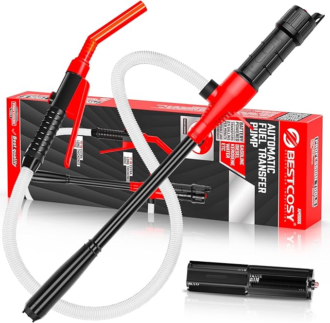 Portable Transfer Pump Battery Operated Electric Siphon Pump for Gas, Fuel, Diesel, Water Transfer 2.4 GPM Flow Oil Extractor, 47 Inches Hose-Easy to Use Hand Fuel Pump, Multi-Use Transfer Pump(Red)