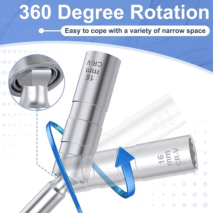 16mm Spark Plug Socket, Thin Wall 3/8" Drive Spark Plug Socket Removal Tool, 12 Point x 5.9" Total Length, 360 Degree Magnetic Swivel 5/8" Spark Plugs Socket for Most Car Models