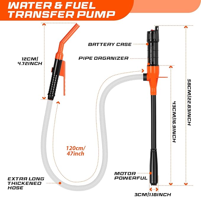 Electric Fuel Transfer Pump, 2.4 GPM Portable Fluid Transfer Siphon Pump with Oil Pipeline, Battery Gas Pumps with 47 Inches Hose &Gloves for Car/RV(Orange)