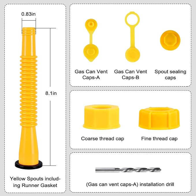 Gas Can Spout Replacement Kit, Gas Can Nozzle Replacement (3 Kit-Yellow) All gaskets are installed and ready to use upon receipt. For 1/2/5/10 gallon gas can. Easy and convenient to use