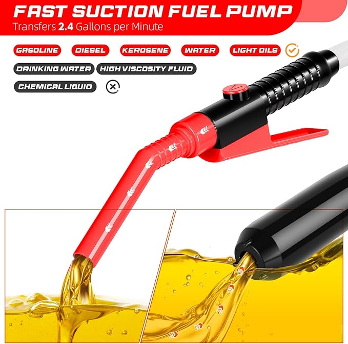 Portable Transfer Pump Battery Operated Electric Siphon Pump for Gas, Fuel, Diesel, Water Transfer 2.4 GPM Flow Oil Extractor, 47 Inches Hose-Easy to Use Hand Fuel Pump, Multi-Use Transfer Pump(Red)
