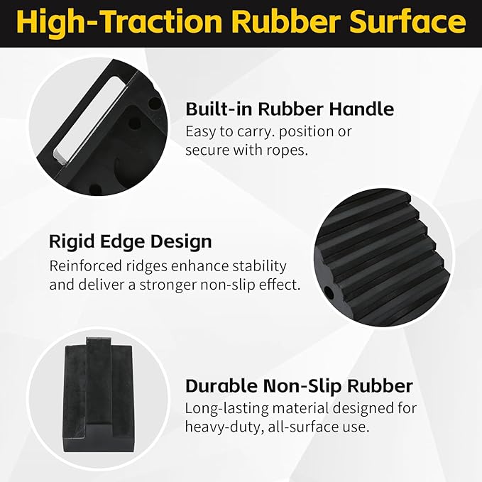MaxxHaul Solid Rubber Wheel Chock 2-Pack | 8" x 4" x 6" Heavy-Duty Tire Stop | Non-Slip Traction Pads | Built-in Handle | All-Weather Vehicle Safety Block | Black | (70472)
