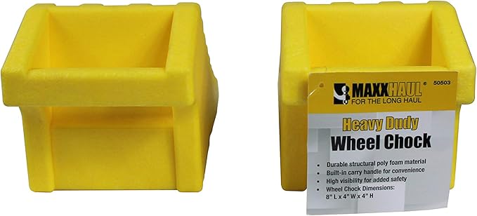 MaxxHaul High Visibility Poly Foam Wheel Chock 2-Pack | 8" x 4" x 4" Lightweight Tire Stop | Slip-Resistant Rubber Base | Built-in Handle | Safety Yellow (50503)