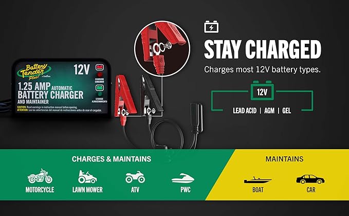 Battery Tender Plus 12V 1.25 AMP Car & Motorcycle Battery Charger and Maintainer, Float Charge for Automotive, and ATVs - Smarter Than a Trickle Charger