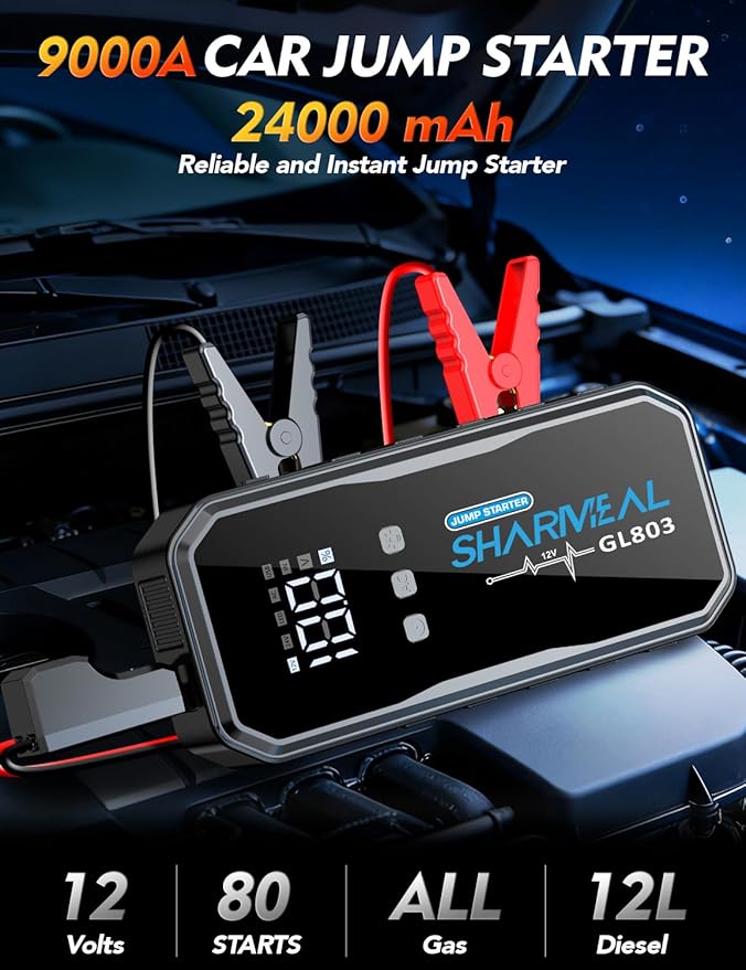 Sharmeal 22-in-1 9000A Jump Starter, 24000mAh Car Booster Pack with 80W AC Outlet & PD 35W Super Fast Charging, 12V Jump Starter Battery Pack for All Gas and 12.0L Diesel