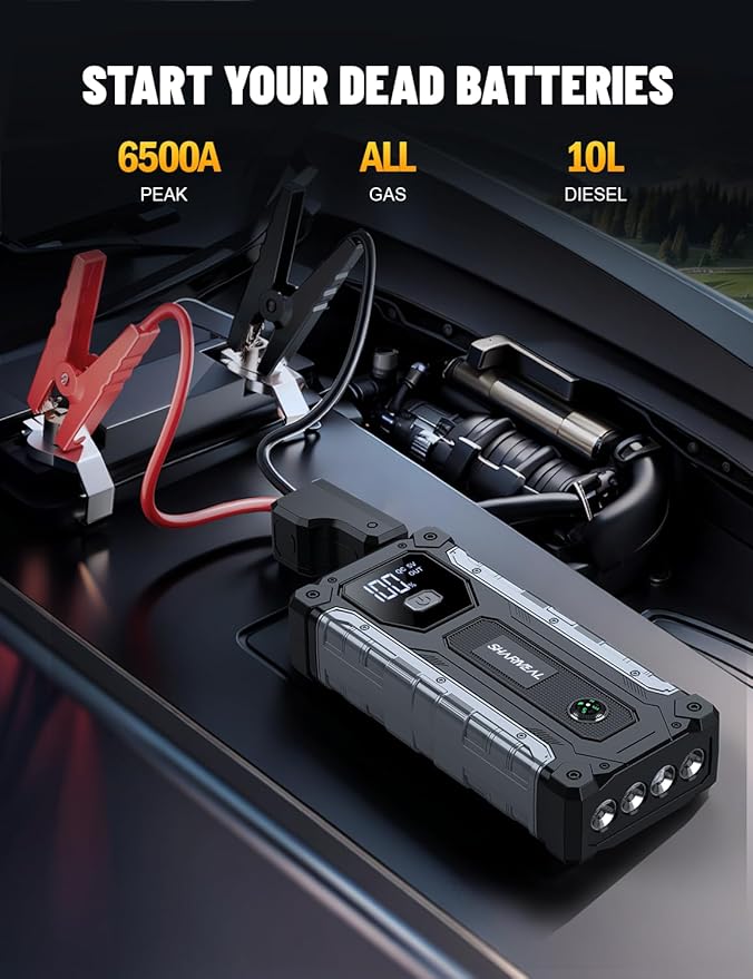 Sharmeal Car Battery Jump Starter 6500A, Jump Starter Battery Pack for All Gas and 10.0L Diesel, 12V Portable Jump Box with LED Light