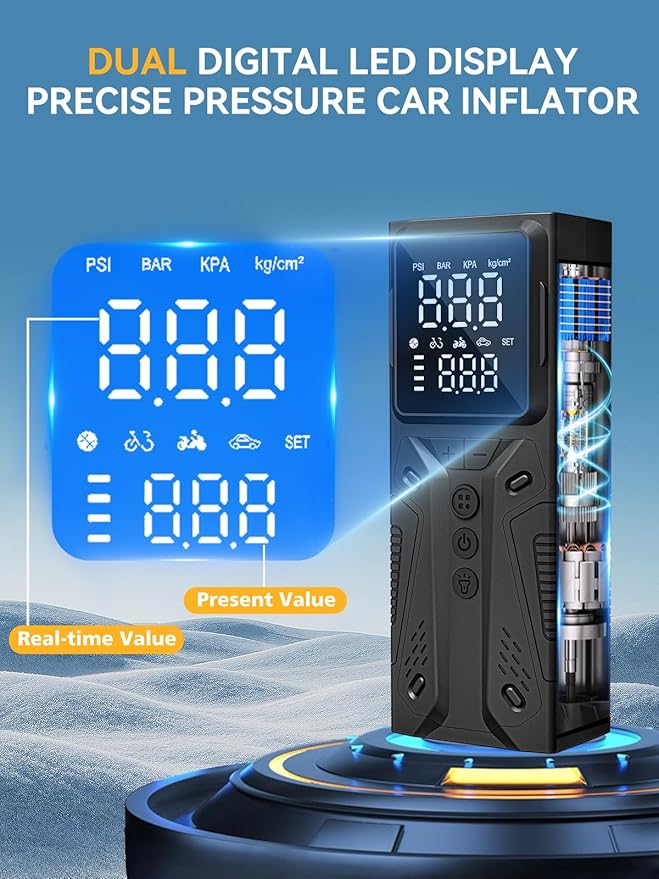 Tire Inflator Portable Air Compressor, High-Speed 150PSI Cordless Air Pump for Car Tires with Powerful Battery, Auto Shut-Off - Portable Tire Pump for Car, Bike, Motorcycle and Balls