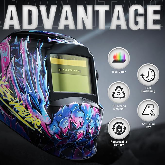 YESWELDER Auto Darkening Welding Helmet, Blue Light Blocking, 1/1/1/1 True Color Solar Powered Welding Hood with 2 Arc Sensors, Wide Shade 3.5/9-13 Welder Mask for TIG MIG ARC and Grind