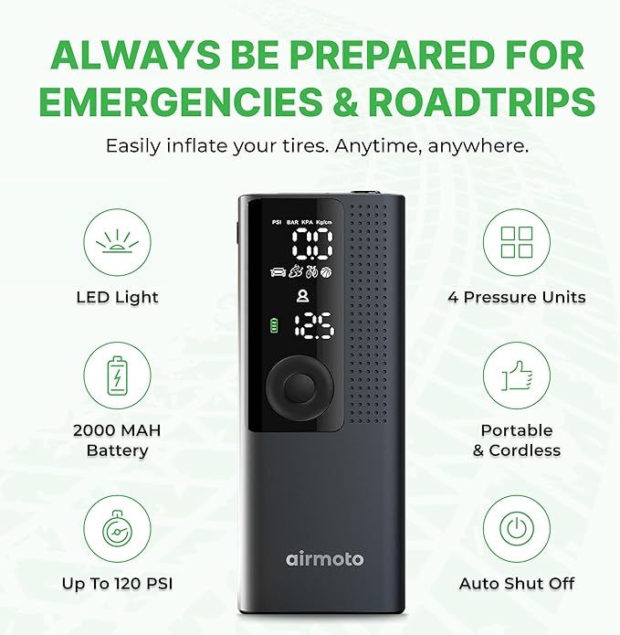 Airmoto Tire Inflator Portable Air Compressor - Air Pump for Car Tires with Digital Pressure Gauge, LED Light and Auto Shut-Off Function - Cordless Pump for Car, Motorcycle, Bicycle, Ball (Pack of 4)