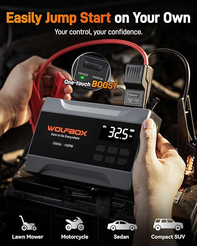 WOLFBOX 2000A Jump Starter with Air Compressor, 37Wh Car Battery Jumper Starter Portable (up to 5L Gas Engine) with 150PSI Tire Inflator, 12V Jump Box with Jumper Cables, Boost, LED Light