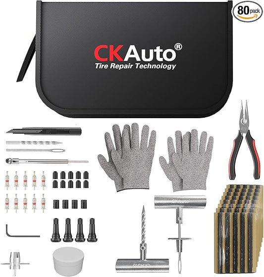 CKAuto Tire Plug Repair Kit, Heavy Duty Car Emergency Tool Kit for Flat Tire Puncture Repair, 80 Pcs Value Pack, Tire Patch Kit fit for Autos, Cars, Motorcycles, Trucks, RVs, etc.