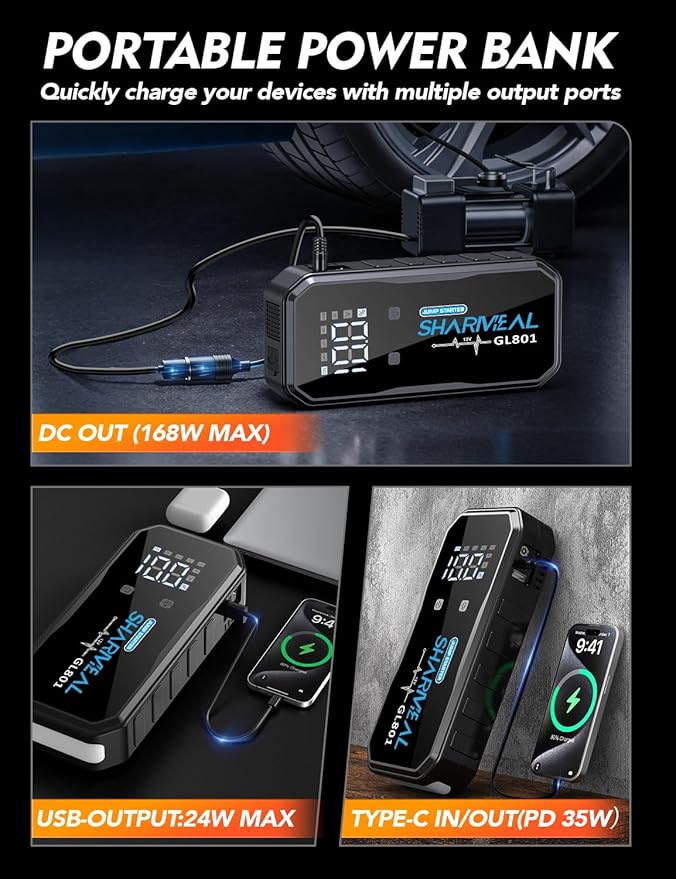 Sharmeal 21-in-1 8000A Jump Starter, 20000mAh Car Booster Pack with PD 35W Super Fast Charging, 12V Jump Starter Battery Pack for All Gas and 12.0L Diesel, Portable Jump Box with LED Light