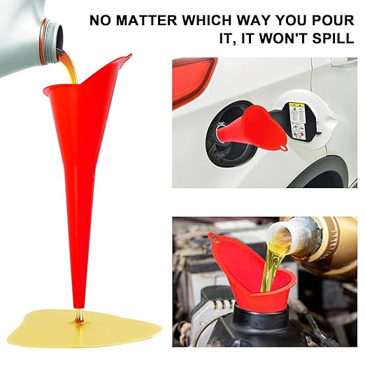 Long-Neck Oil Funnel for Automotive – Multi-Function Plastic Funnel for Oil, Gas & Lubricants – Universal Car Accessory (Red (1-Pack))