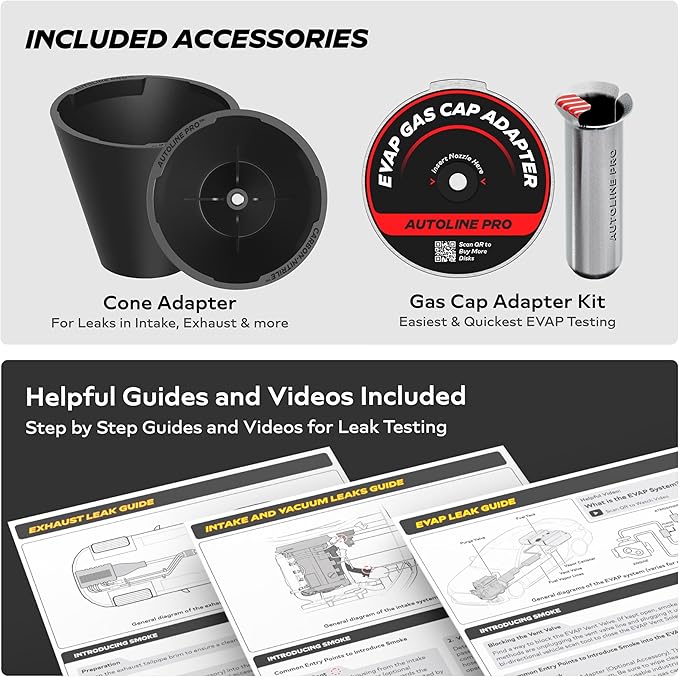 AutoLine Pro HyperSmoke™ Automotive Smoke Machine EVAP Vacuum Leak Tester – Adjustable Pressure – OEM Approved Smoke Fluid – Built-in Air Compressor Motor – Includes Cone and Gas Cap EVAP Adapter.