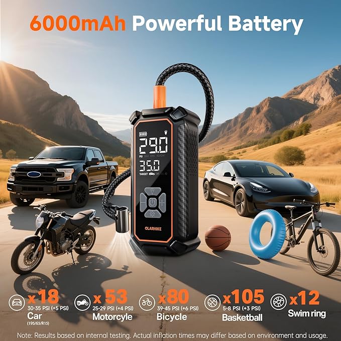 OlarHike Tire Inflator Portable Air Compressor, Dual Power - 6000mAh & 12V DC, Cordless Air Pump for Car Tires, Bikes, Motorcycle, Balls with LED & Digital Pressure Gauge, Auto Shut-off