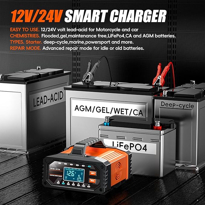 Auto Battery Charger 20A 12V/24V Adjustable Current 0.5A-20A LiFePO4 Lead Acid Fully Automatic Battery Maintainer, Trickle Charger with Pulse Repair, Winter Mode, for AGM Gel Deep Cycle Batteries