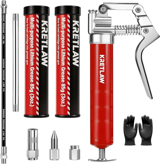 KRETLAW Mini Grease Gun (3000PSI) with Double 3oz Cartridge Grease and 12'' Flex Hose, Reinforced Coupler for Automotive, Red