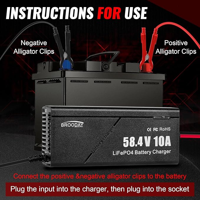 48V 10A LiFePO4 Battery Charger, 58.4V Lithium Battery Charger, Fast Charging, Over-Current and Over-Voltage Protection for 48V Lithium Iron Phosphate Batteries