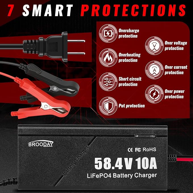 48V 10A LiFePO4 Battery Charger, 58.4V Lithium Battery Charger, Fast Charging, Over-Current and Over-Voltage Protection for 48V Lithium Iron Phosphate Batteries
