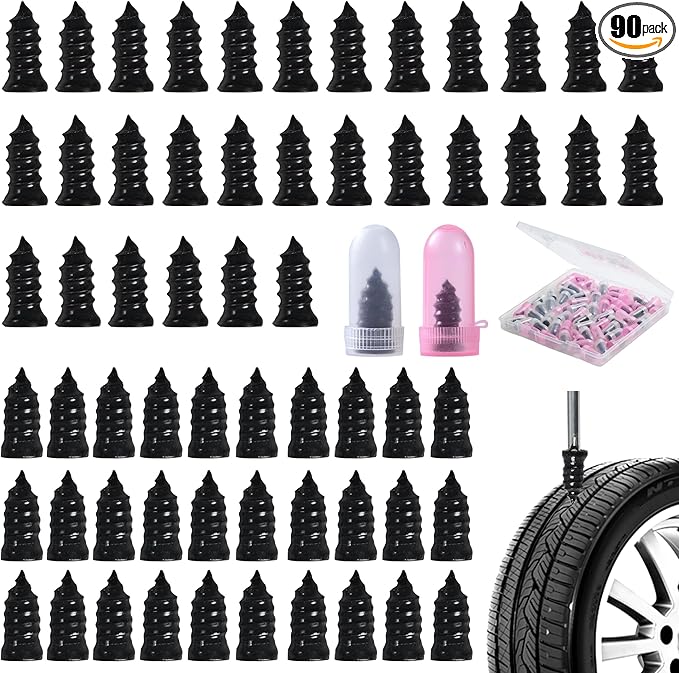 90 Pcs Tire Repair Screws, Tire Patch Kit, Screw in Tire Plugs,Quick Tool Tire Plugs, Self-Service Tire Repair Rubber Nail Kit for Patching Punctures in Vacuum Tires of Cars, Motorcycles (90)
