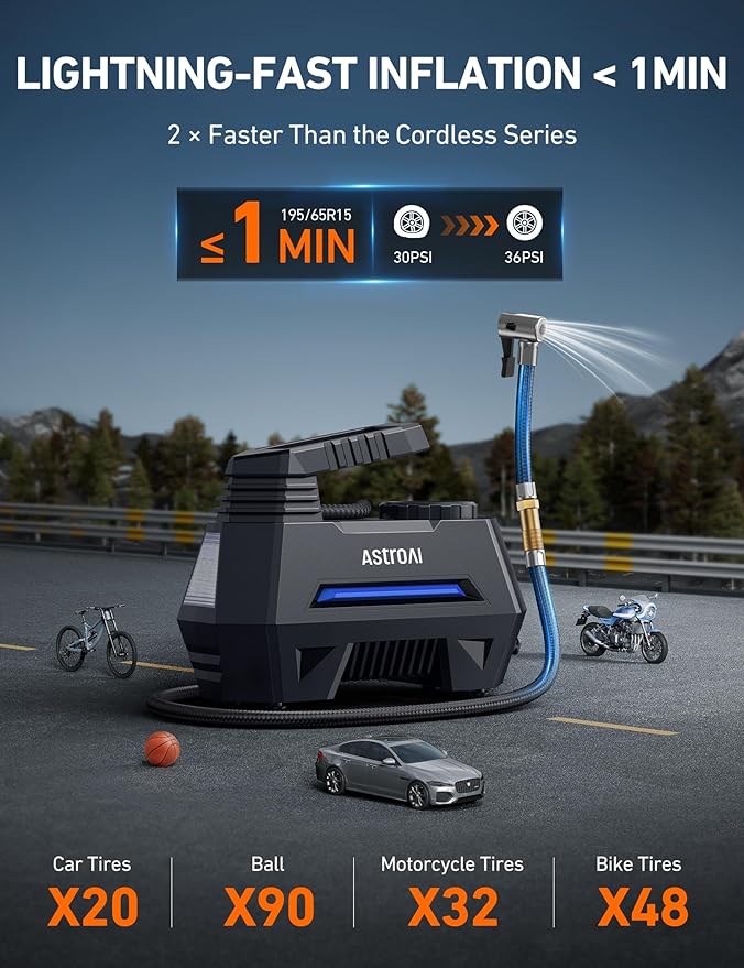 AstroAI Tire Inflator Portable Air Compressor Air Pump for Car Tires-Car Accessories, 9.8Ft Cord-12V DC-Powered Auto Pump with Digital Pressure Gauge, Emergency LED Light for Bicycle, Balloons, Blue