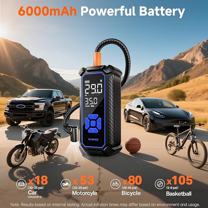 OlarHike Tire Inflator Portable Air Compressor, Dual Power - 6000mAh & 12V DC, Cordless Air Pump for Car Tires, Bikes, Motorcycle, Balls with LED & Digital Pressure Gauge, Auto Shut-off