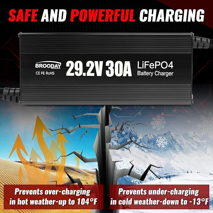 24V 30A LiFePO4 Battery Charger, 29.2V Lithium Battery Charger, Fast Charging, Over-Current and Over-Voltage Protection for 24V Lithium Iron Phosphate Batteries