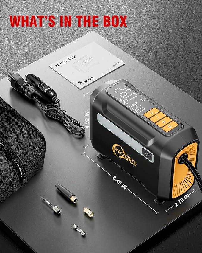 ROCGORLD R8 Tire Inflator Portable Air Compressor, DC 12V Portable Air Compressor with Large Dual Digital Screen, 3X Faster Inflation Portable Air Pump for Car Tires, Bike, Motor - Car Accessories