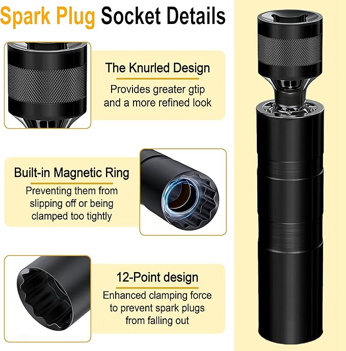 14mm Spark Plug Socket, Thin Wall 3/8" Drive Spark Plug Sockets Removal Tool, 12 Point, Magnetic Swivel 9/16" Spark Plugs Socket for Most Car Models (Black)