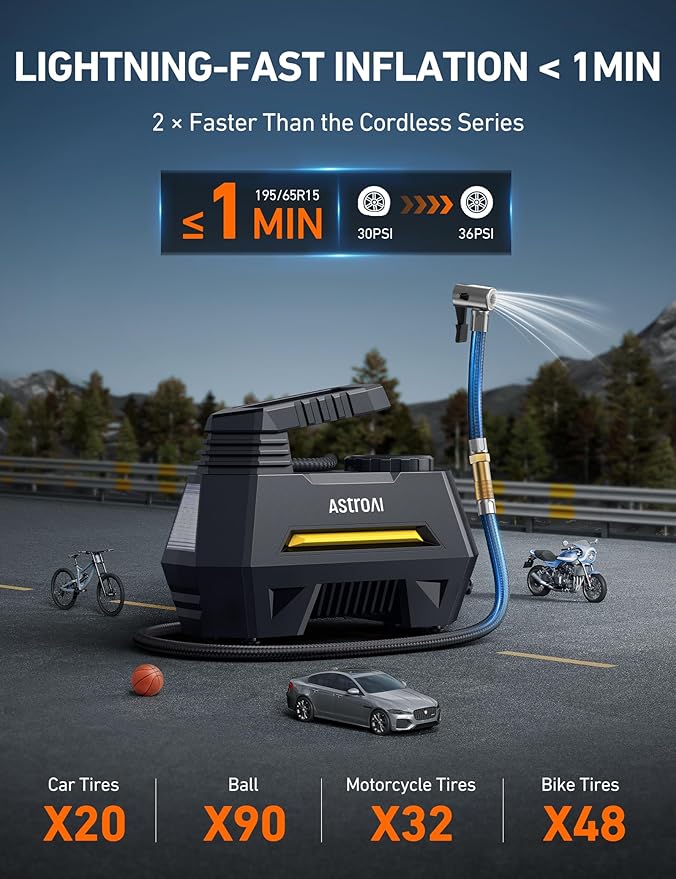 AstroAI AIRUN H Tire Inflator Portable Air Compressor Air Pump for Car Tires-Car Accessories, 9.8Ft Cord-12V DC-Powered Auto Pump with Digital Pressure Gauge, LED Light for Bicycle, Balloons, Yellow