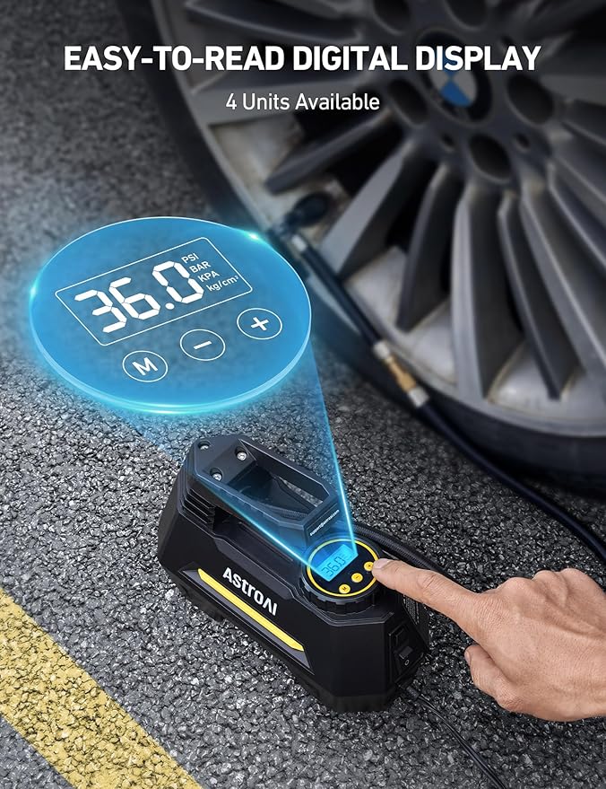 AstroAI AIRUN H Tire Inflator Portable Air Compressor Air Pump for Car Tires-Car Accessories, 9.8Ft Cord-12V DC-Powered Auto Pump with Digital Pressure Gauge, LED Light for Bicycle, Balloons, Yellow