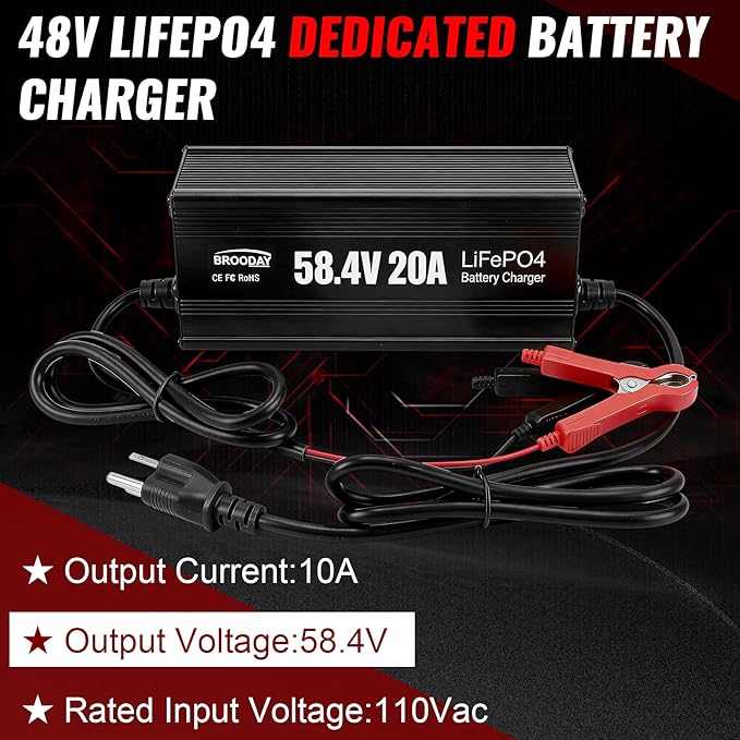 48V 20A LiFePO4 Battery Charger, 58.4V Lithium Battery Charger, Fast Charging, Over-Current and Over-Voltage Protection for 48V Lithium Iron Phosphate Batteries