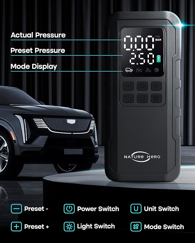 Tire Inflator Portable Air Compressor - 7500mAh Air Pump for Car Tires, 150PSI Cordless Tire Pump with Pressure Gauge & LED Lights - 3X Faster for Car, Motorcycle, Balls and Bicycle, Black
